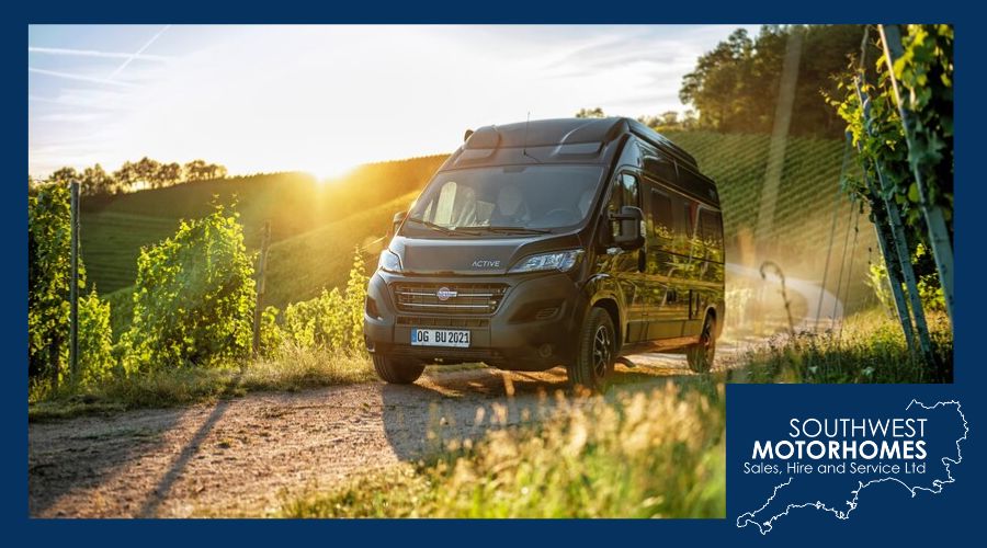 European Campervan Driving through vineyards
